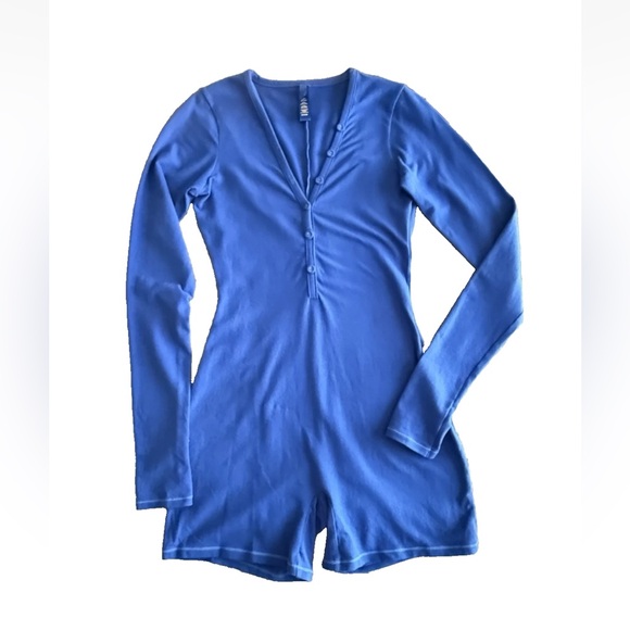 Skims Long Sleeve Henley One Piece Romper Size S Blue Cotton Lounge Sleepwear - Picture 3 of 10